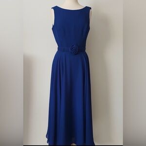 Elegant Royal Blue Sleeveless A-Line Dress with Rosette Belt